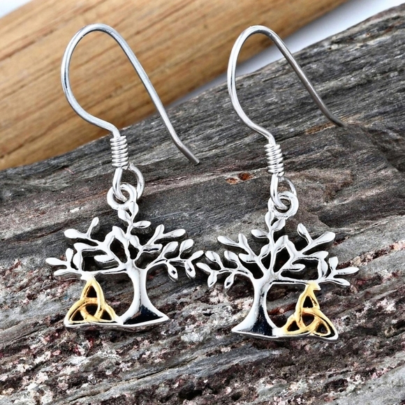 Tree of Life ✦ Drop Earrings ✦ Platinum Over 925 Silver w/ 14k Celtic Knot 2.75g - Picture 3 of 5